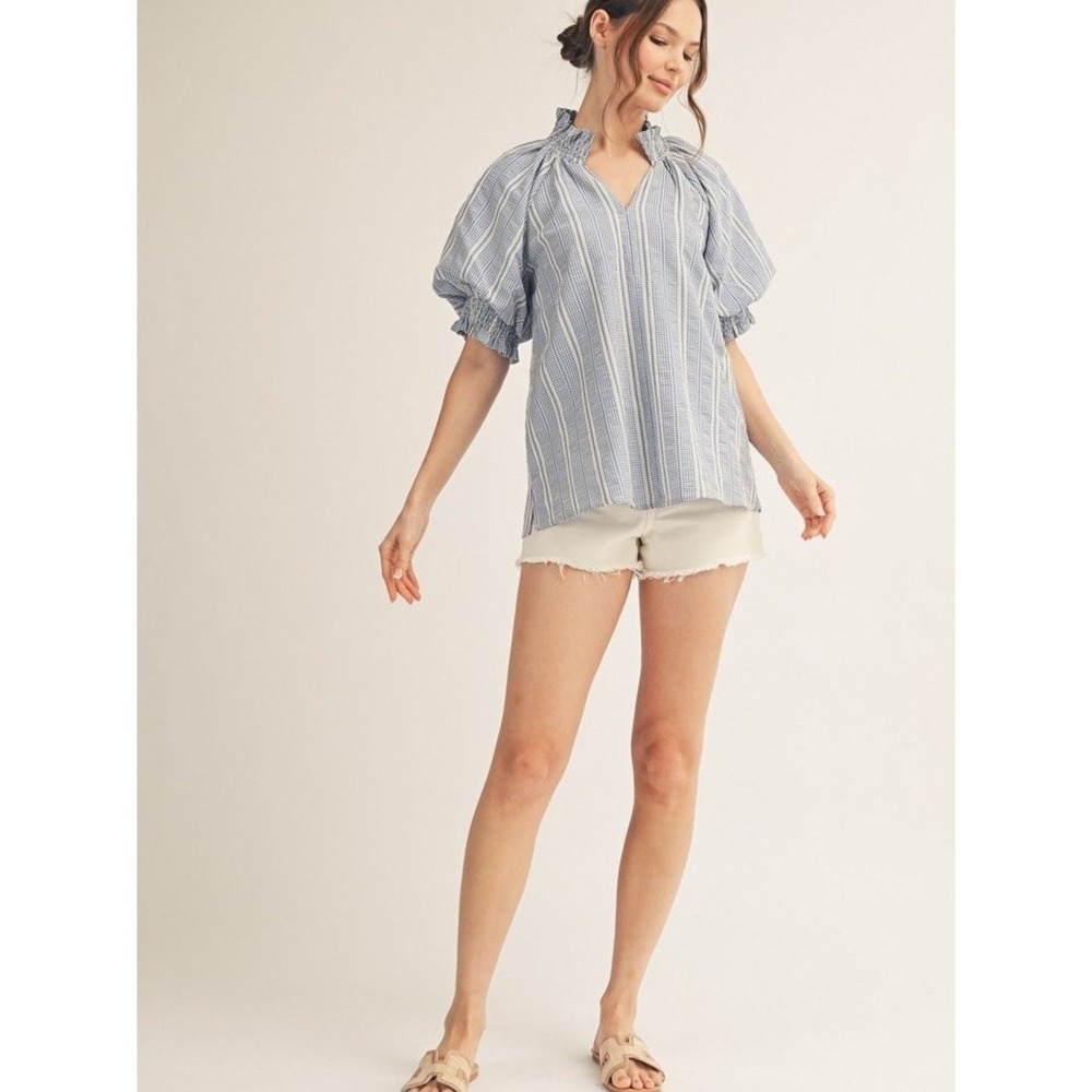 Jodifl Blue Gingham Puff Sleeve Blouse | Size SMALL Coastal nwt B1-3